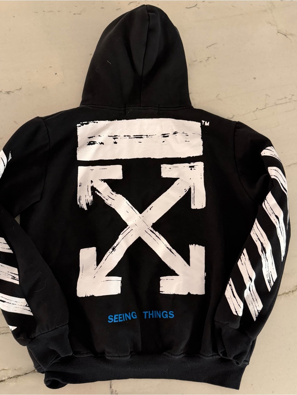 Off-White Black Hoodie with White Brushstroke Arrows and Blue Text